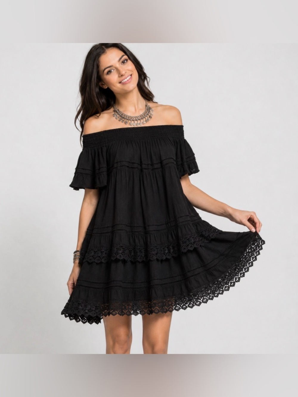 Off-Shoulder black Dress with Lace Trim